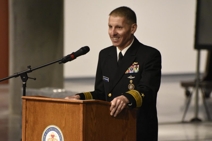 Rear Adm. Rich Correll speaks at the 2020 Deterrence and Assurance Academic Alliance Workshop and Conference on March 11 in the Student Innovation Center.