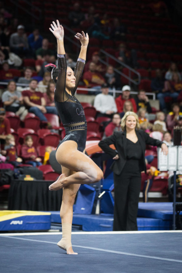 Iowa State then-junior Casandra Diaz competes on floor during the fourth and final rotation of the Iowa State vs. Oklahoma gymnastics meet on March 11, 2019. Then-No. 23 ranked Cyclones were defeated by then-No. 1 ranked Sooners 196.275-197.575.