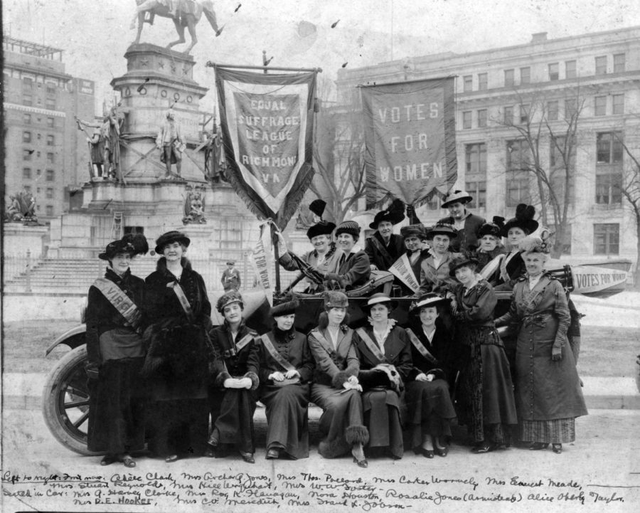 Equal Suffrage League of Richmond, Virginia, in front of Washington Monument, Capitol Square, Richmond. The members of the ESL were promoting the suffrage film, Your Girl and Mine. Photo published in The Times-Dispatch: Richmond, Virginia, February 28, 1915.