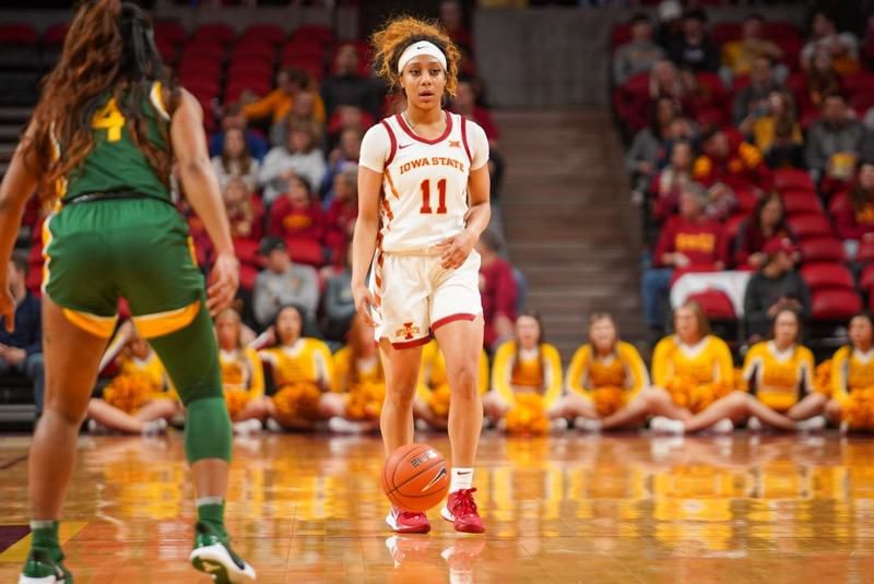 Iowa State senior guard Jade Thurmon dribbles the ball up the court in its 57-56 upset win against No. 2 Baylor.