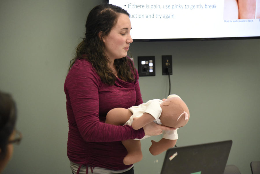 Michelle Rowe, employee at Mid-Iowa Community Action, taught expecting mothers how to breastfeed at the Ames Public Library.