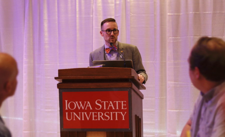 Brad Freihoefer, director of the Center for LGBTQIA+ Student Success, delivers opening remarks in the beginning of the Lavender Graduation Ceremony on May 9, 2019. The ceremony celebrates the academic and collegiate achievements of lesbian, gay, bisexual, transgender, intersex, asexual and ally students.
