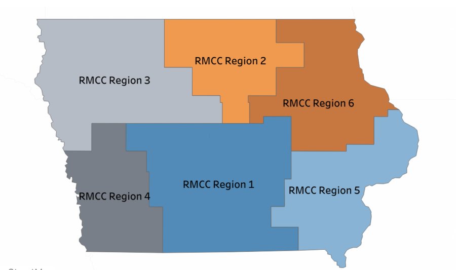 A map outlining the Regional Medical Coordination Centers regions of Iowa. This map and more information about COVID-19 can be found at coronavirus.iowa.gov.