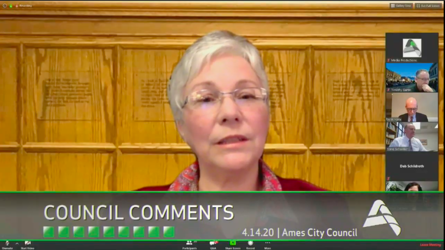 Gloria Betcher, Ward 1 representative, providing input during the Ames City Council meeting on April 14. The meeting took place during a Zoom conference call. 