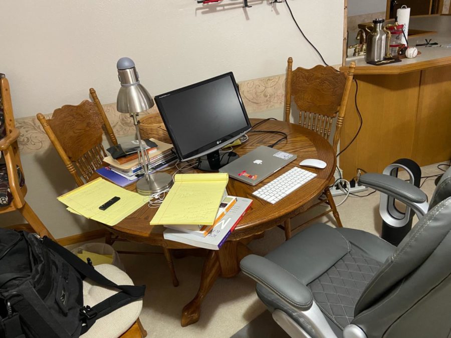 Gary Sawyer, assistant teaching professor in the Greenlee School of Journalism and Communication, shows his home workspace. Sawyer said its hard to not see students reaction as most meetings are via video call because of the online instruction time period.