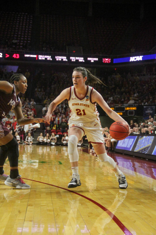 Senior Bridget Carleton runs the ball into Bear territory during the Cyclones game against Missouri State in the second round of the NCAA Championship on March 25 at Hilton Coliseum. The Cyclones lost to the Bears 69-60.