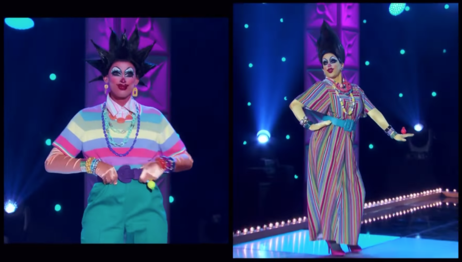 Crystal Methyd (left) and drag daughter Opal Methyd (right) walk the runway in Bert and Ernie-inspired outfits in season 12s Superfan Makeover episode of RuPauls Drag Race.