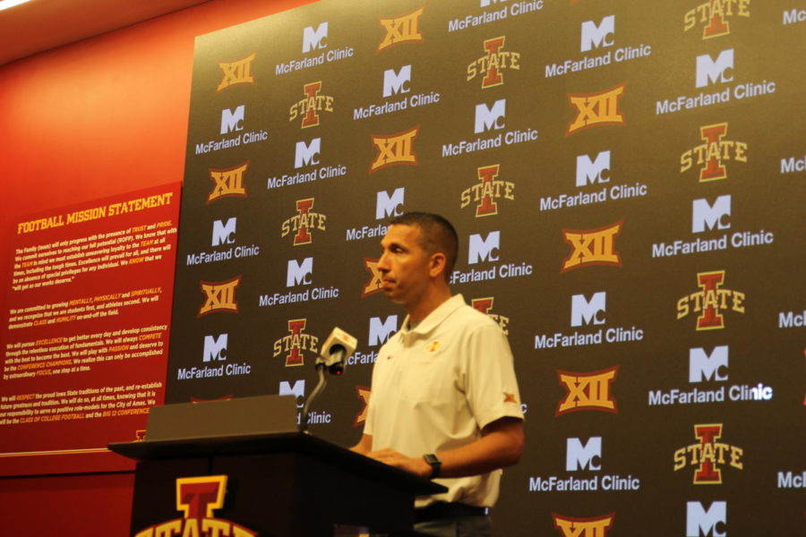 Coach Matt Campbell answers questions at Iowa States media day on Aug. 1. Campbells team had four preseason All-Big 12 players on defense the next season in Ray Lima, Greg Eisworth, Marcel Spears Jr. and JaQuan Bailey.