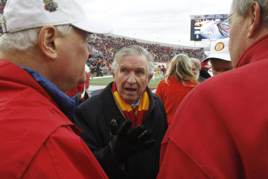 Former ISU coach Johnny Majors talks with ISU alumnus before the Liberty Bowl game between the Cyclones and the Tulsa Golden Hurricane at the Liberty Bowl Memorial Stadium in Memphis, Tenn. on Dec. 31. The Cyclones fell to Tulsa with a final score of 31-17.
