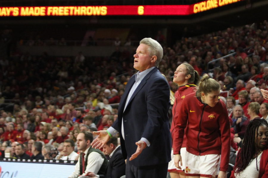 Iowa State Head Coach Bill Fennelly coaches from the sideline on Dec. 11, 2019. 