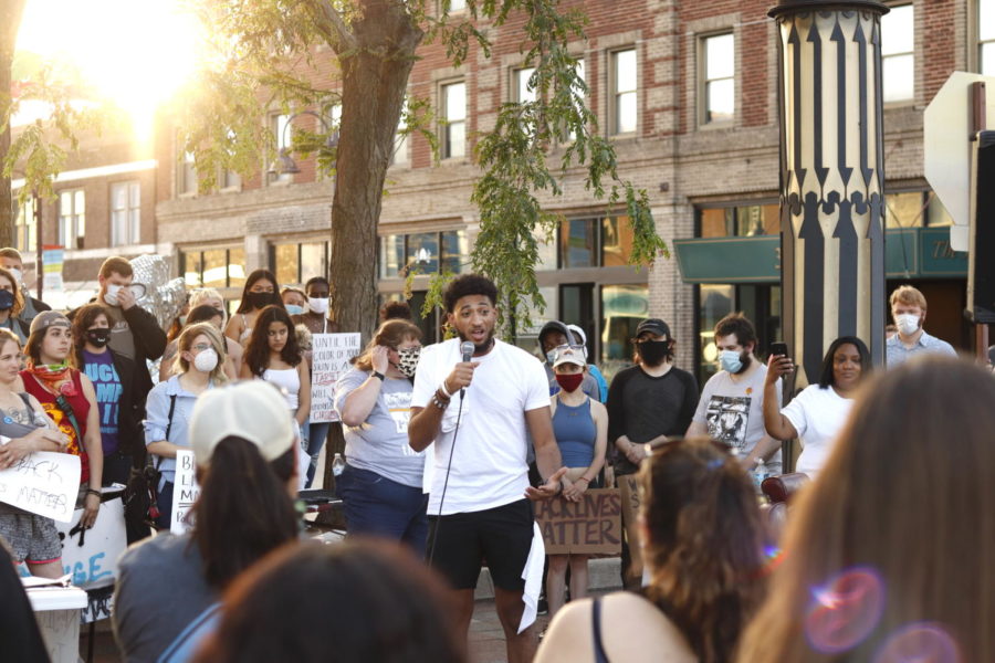 Jonathan Garcia, a community member who is half Black and half Latino, spoke at a 24-hour peaceful gathering on Main Street.