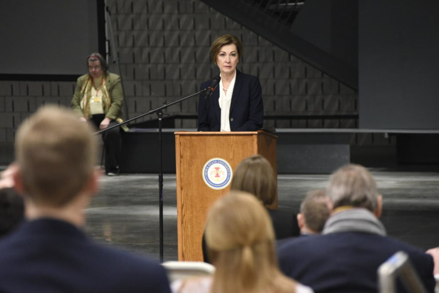 Gov. Kim Reynolds delivering a speech at the 2020 Deterrence and Assurance Academic Alliance Workshop and Conference on March 11 in the Student Innovation Center.