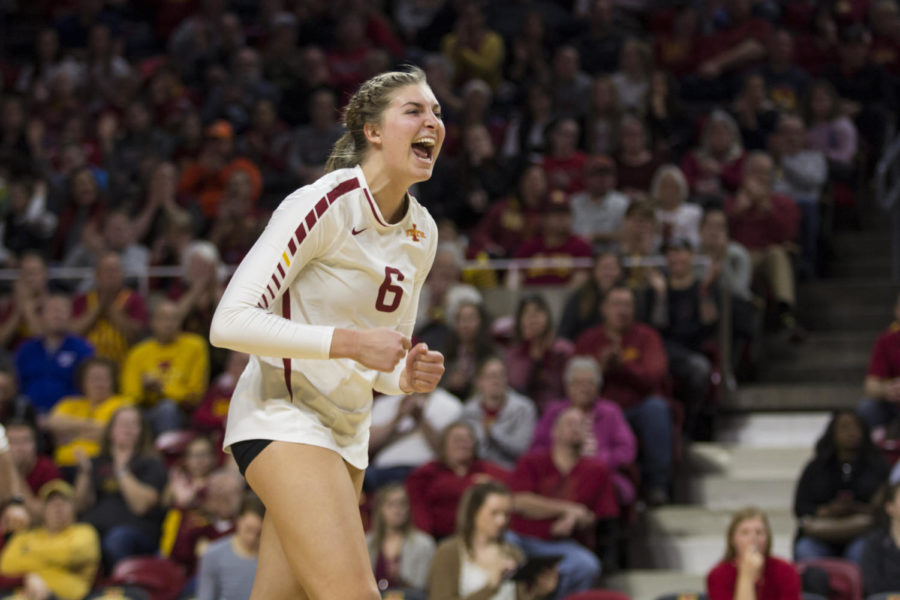 Then-senior middle blocker Alexis Conaway celebrates after an Iowa State point during the first round of the NCAA Volleyball Championship against Princeton University on Dec. 1, 2017, at Hilton Coliseum in Ames, Iowa. The Cyclones defeated the Tigers in three consecutive sets.