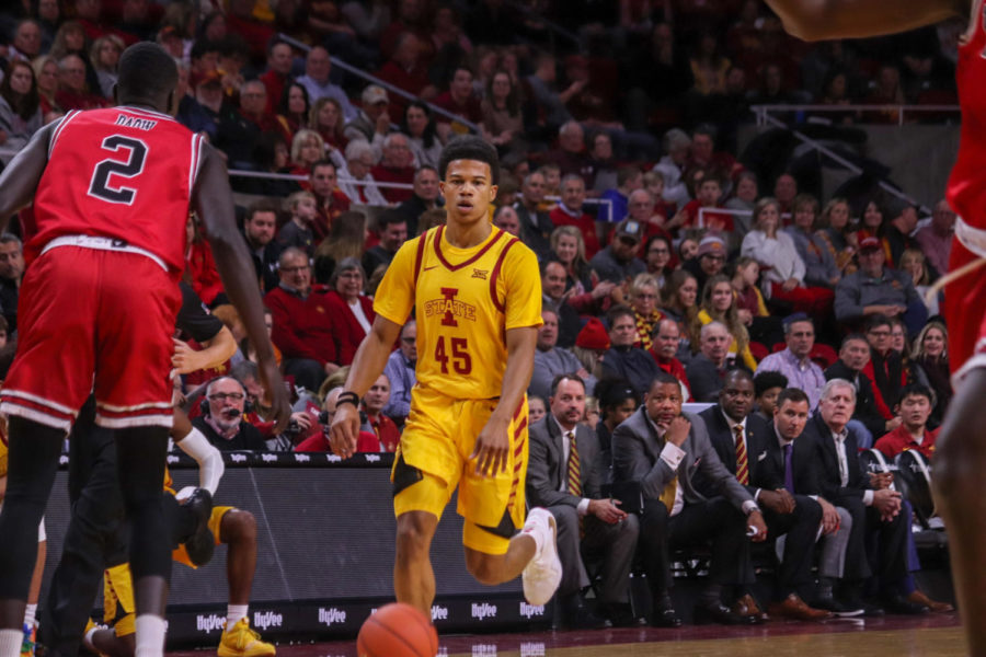 Sophomore guard Rasir Bolton brings the ball up the court during Iowa State’s 70-52 victory over Northern Illinois on Nov. 12 at Hilton Coliseum.