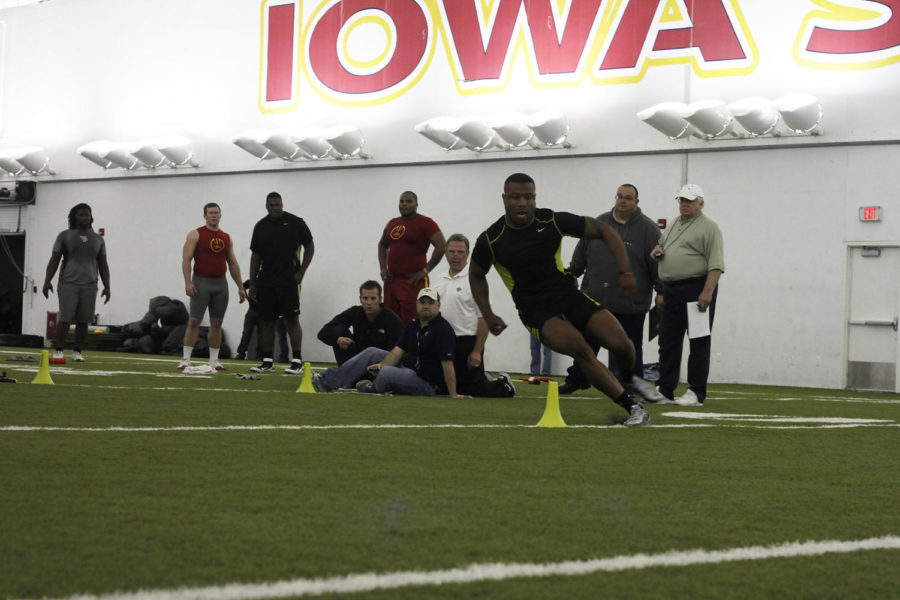 Former ISU cornerback Leonard Johnson runs a drill at Cyclone Football Pro Day on Tuesday, March 20, at the Bergstrom Indoor Practice Facility. Some of the NFL scouts in attendance represented the Vikings, Bengals, Colts, and Dolphins.

