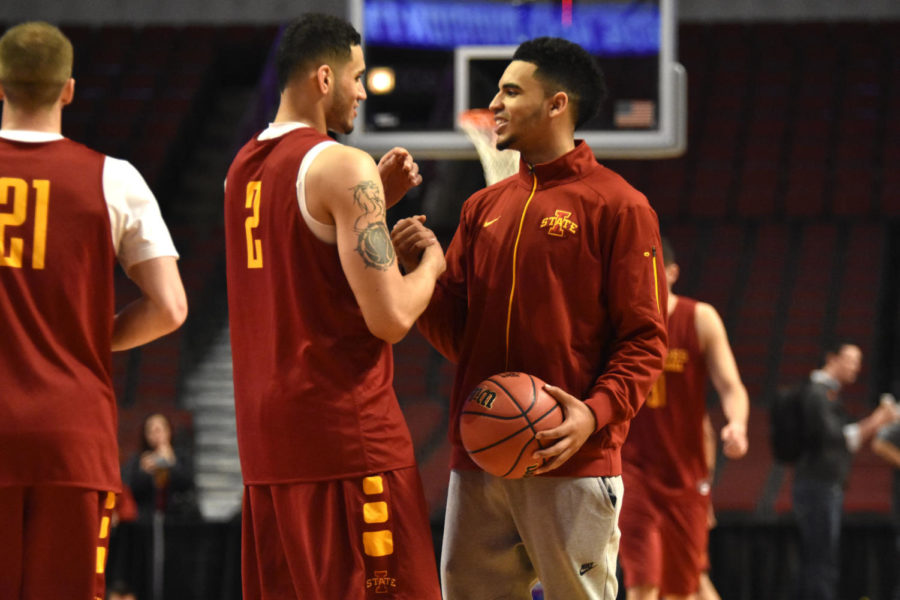 Abdel Nader and Nazareth Mitrou-Long speak during open practice on March 24, 2016, at the United Center in Chicago. Iowa State played Virginia in the Sweet 16 on March 25, 2016.
