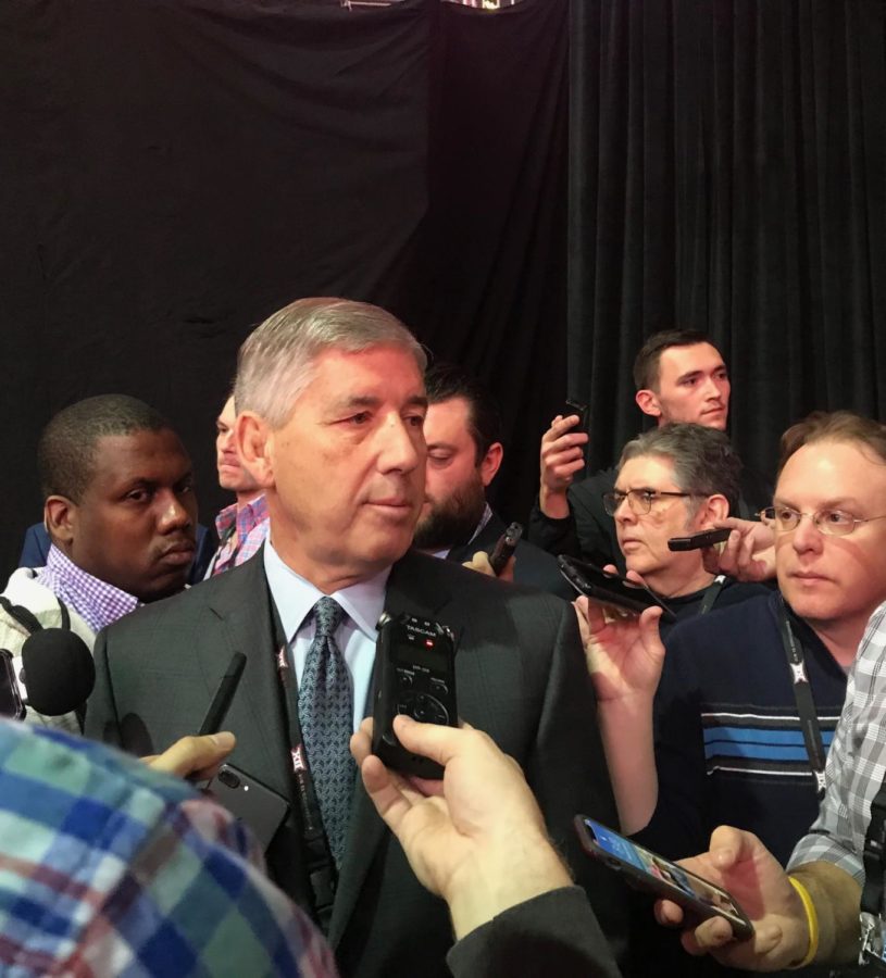 Big+12+commissioner+Bob+Bowlsby+speaks+to+the+media+during+Big+12+media+day+in+Kansas+City%2C+Missouri.