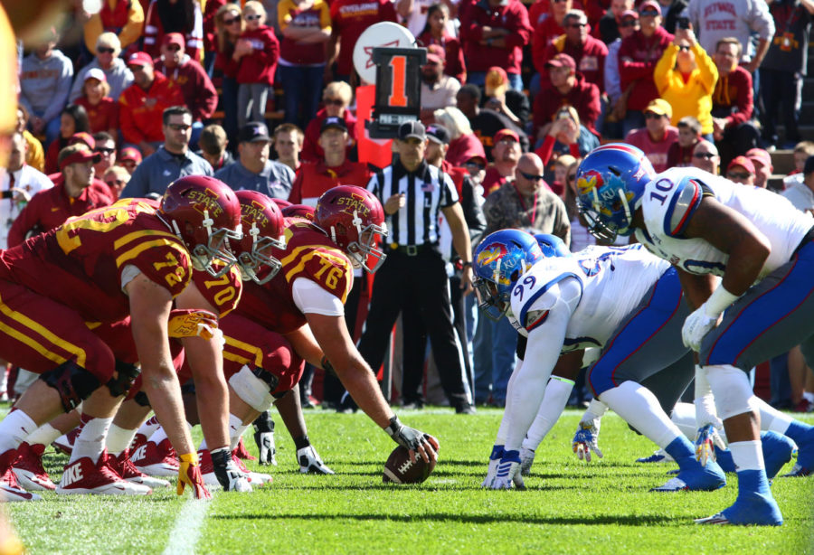 The offensive line faces Kansas during the game Sat. The Cyclones would go on to beat the Jayhawks 38-13. 