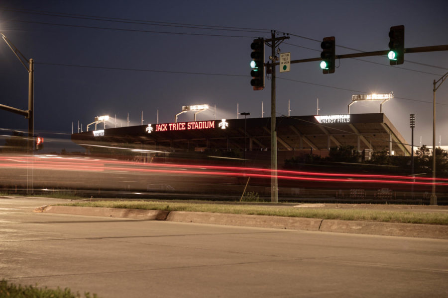 Long+exposure+of+traffic+passing+by+on+South+4th+Street+in+front+of+Jack+Trice+Stadium.