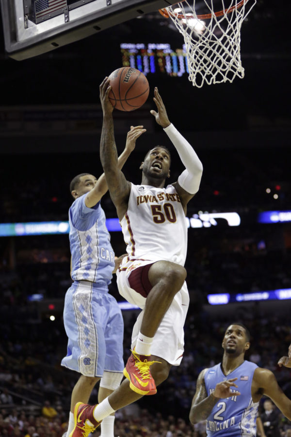 Then-senior guard DeAndre Kane attempts a layup during Iowa States 85-83 win over North Carolina on March 23, 2014, at the AT&T Center in San Antonio, Texas. Kane scored 24 points, grabbed 10 rebounds and dished out seven assists.