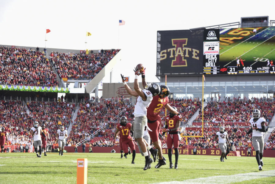 Wide receiver Sean Shaw Jr. attempts to catch a pass during the Iowa State vs. Oklahoma State football game Oct. 26. The Cyclones lost 34-27.