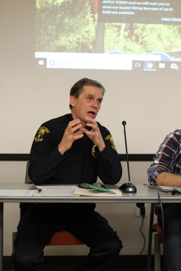Ames Police Chief Charles Cychosz talks at the Student Government town hall Feb. 22, 2018, in the Memorial Union about upcoming implementation of body cameras and security cameras in Campustown. 