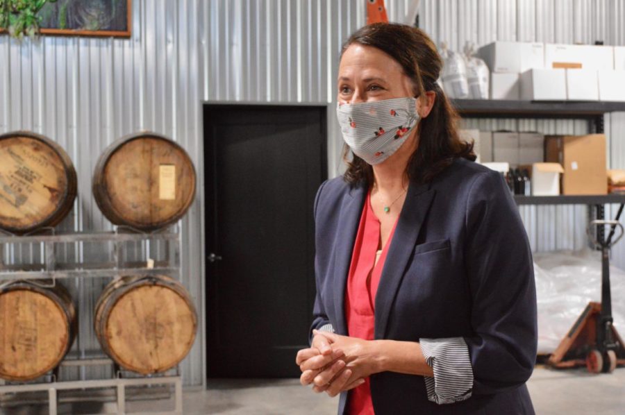 Theresa Greenfield stopped by Alluvial Brewing in Ames in July to discuss her Small Towns, Bigger Paychecks plan with brewery owner Elliot Thompson.