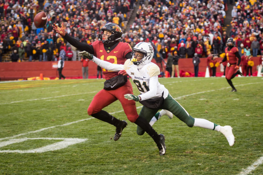 Defensive back Greg Eisworth attempts an interception during the first half of the Iowa State vs. Baylor football game Nov. 10, 2018.
