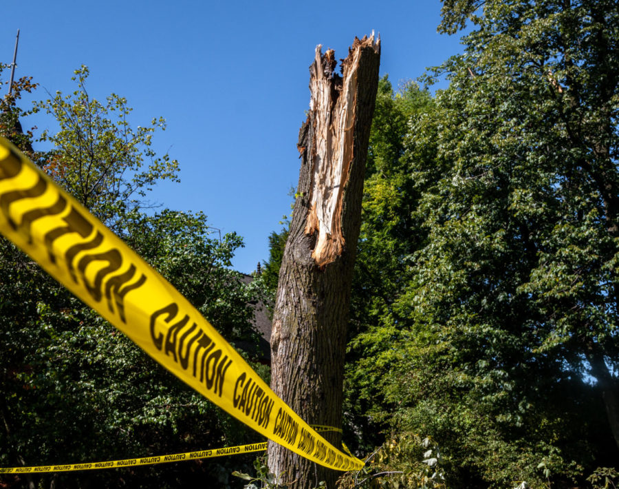 Areas that suffered from severe tree damage were blocked off with CAUTION tape. The heavy rain and damaging winds of Mondays derecho caused downed power lines and trees all across Ames.