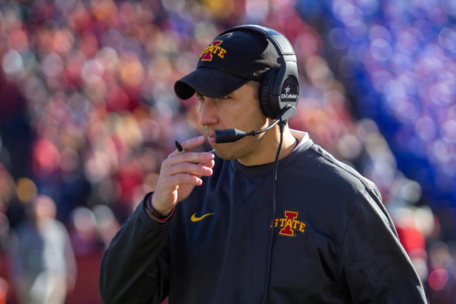 Iowa State Head Coach Matt Campbell talks to his other coaches during the game against University of Kansas on Nov. 23, 2019. Iowa State won 41-31.