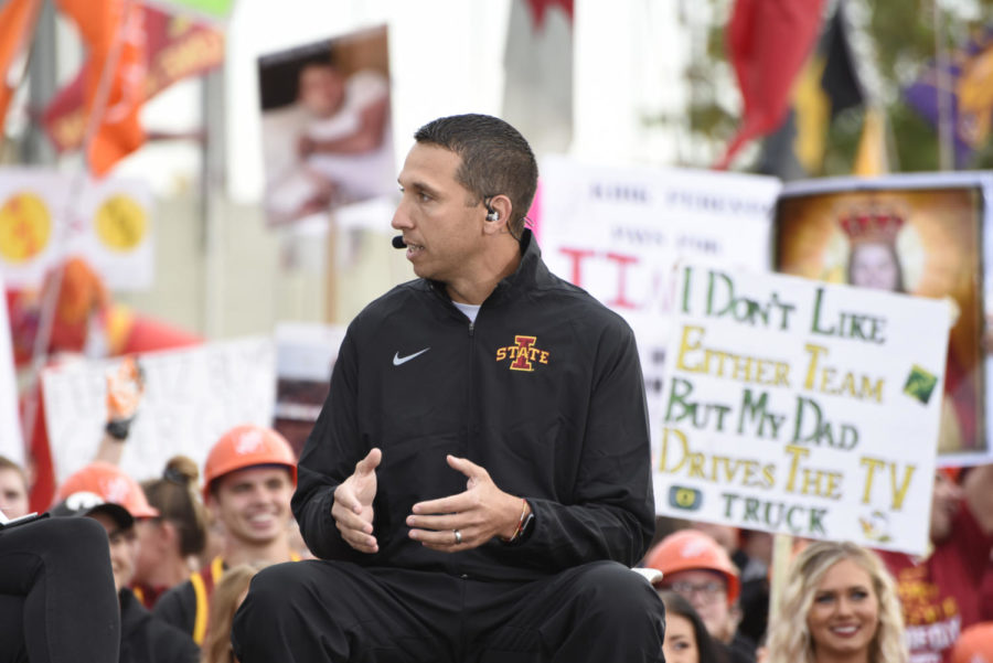 Coach Matt Campbell speaks at the ESPN College GameDay at Iowa State.