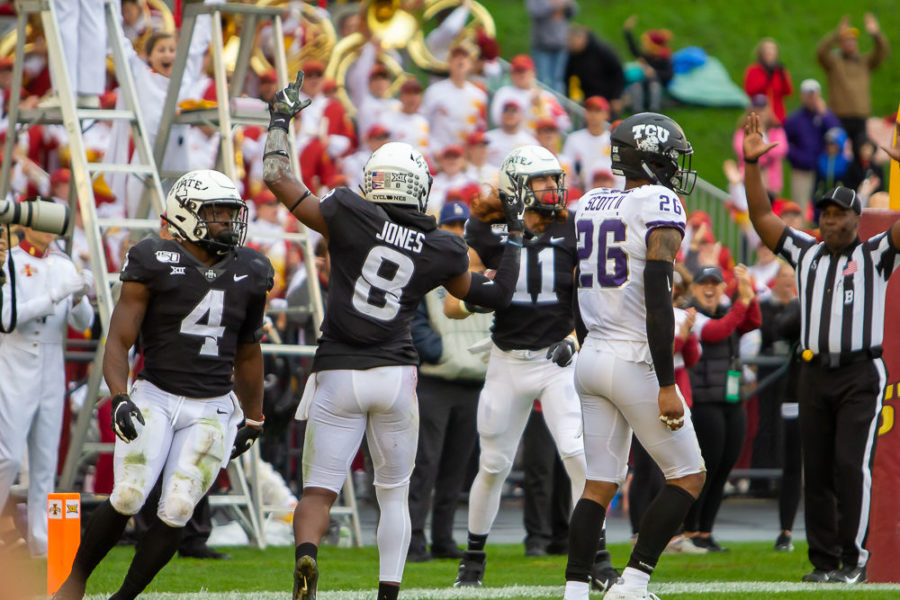 Iowa State celebrates a touchdown against TCU from tight end Chase Allen on Oct. 5. Iowa State beat TCU 49-24.