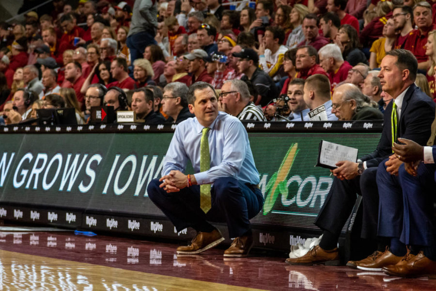 Steve Prohm sits courtside against Texas on Feb. 15.
