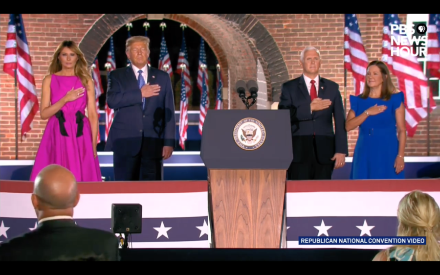 First Lady Melania Trump, President Donald Trump, Vice President Mike Pence and Second Lady Karen Pence all stand for the singing of the national anthem during the third night of the Republican National Convention after Mike Pence accepted his nomination.