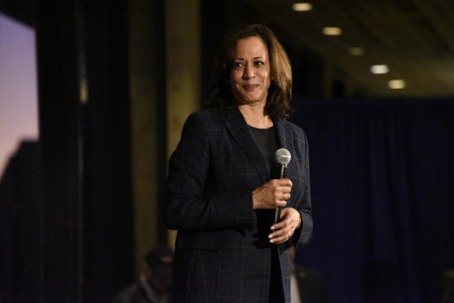 Presumptive Vice President nominee Kamala Harris speaking at a town hall at Iowa State on Oct. 6.