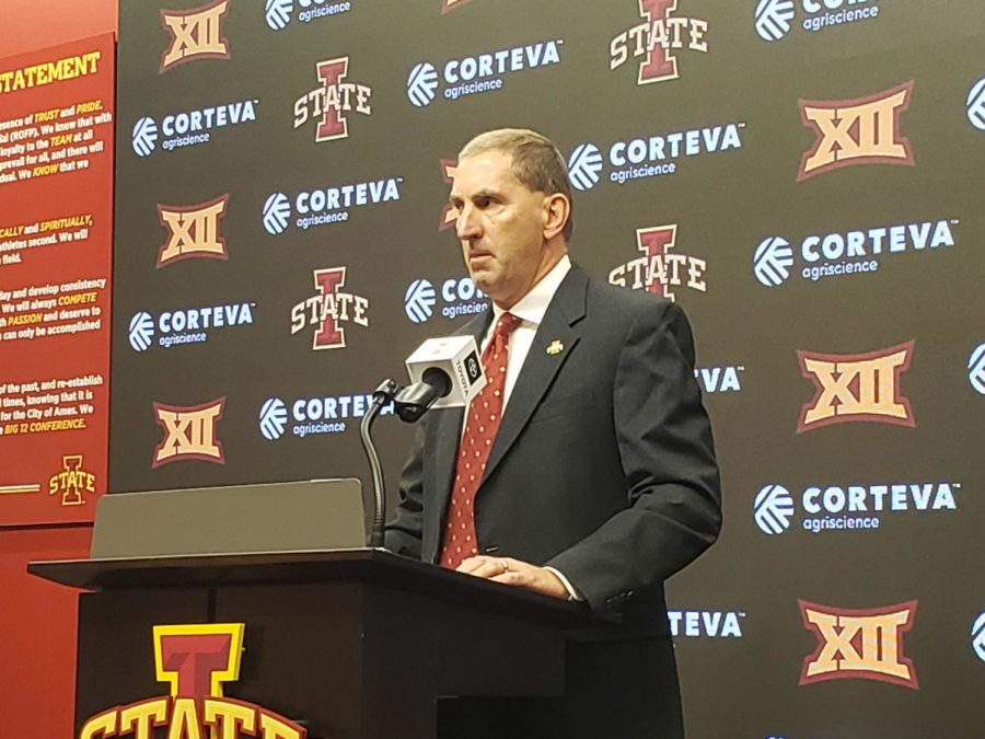 Athletic Director Jamie Pollard answering questions from the media at a press conference Sept. 24, 2019.
