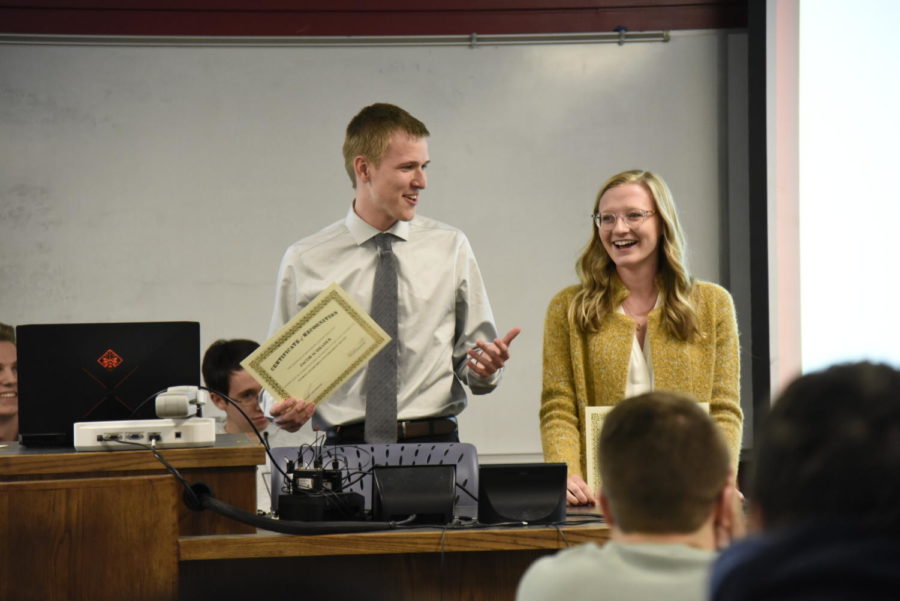 Morgan Fritz, then-sophomore in political science, and Jacob Schrader, then-junior in economics and political science, giving a speech after they are elected Student Government president and vice president.