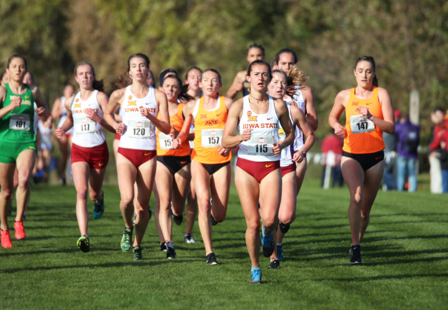 Iowa State distance runner Larkin Chapman leads a pack of ISU women’s cross country runners during the women’s 6k at the 2018 Big 12 Cross Country Championships held at Iowa State on Oct. 26. The women’s team placed first overall with a score of 35, winning the Championships.