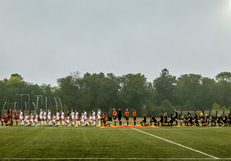 Players from the Mountaineers and the Cyclones chose to kneel for the national anthem prior to Fridays season opener for Iowa State soccer. The Mountaineers topped the Cyclones 2-0.