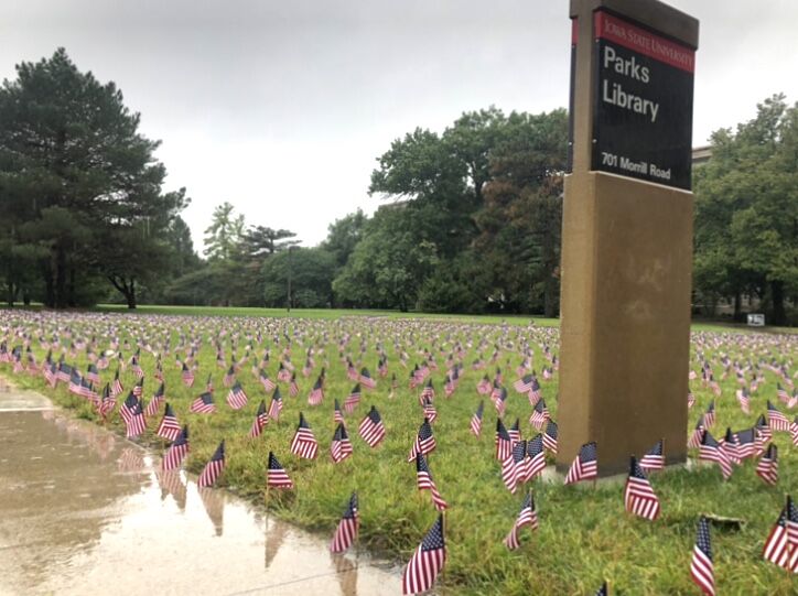 Editors note: This caption orignally stated that Iowa State commemorates those who have lost their lives from the 9/11 attack. The flag commemoration was sponsered by a Young Americans for Freedom, the Daily regrets this error. 