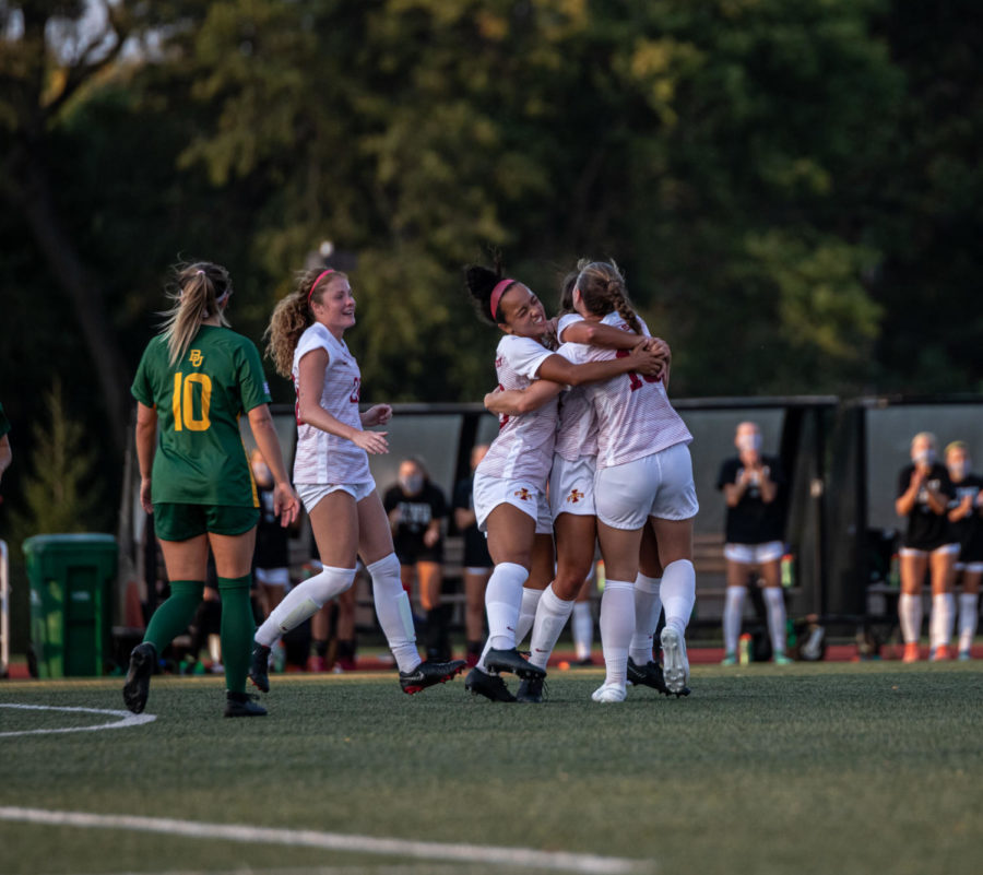 The Cyclones celebrate a goal in the first half from Kenady Adams. Iowa State came out on top 2-1.