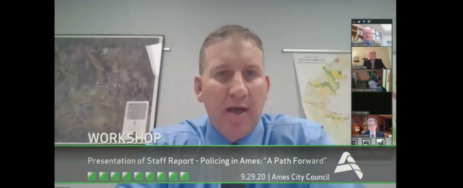 Ames Interim Police Chief Geoff Huff speaks on the 45-page staff report on local law enforcement strategies in September.