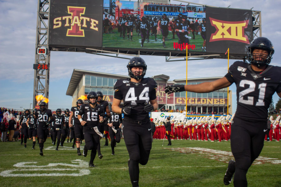 Here come the Cyclones! The Iowa State football team takes the field against the University of Texas on Nov. 16. Iowa State won 23-21.