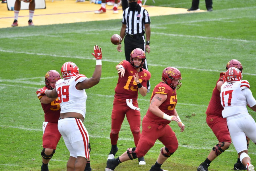 Iowa State quarterback Brock Purdy throws the ball against Louisianas defense during the first half Sept. 12 at MidAmerican Energy Field at Jack Trice Stadium.
