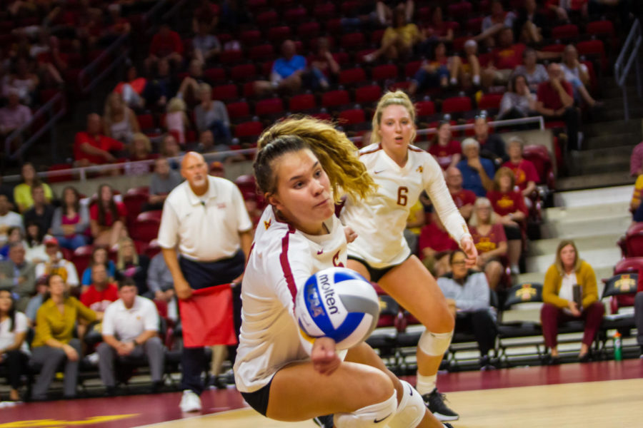 Then-sophomore outside hitter Brooke Andersen makes a desperate attempt to keep the ball alive Sept. 3, 2019, during a home game against South Dakota.