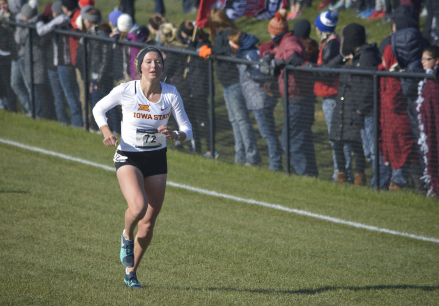 Iowa State distance runner Cailie Logue nears the finish line after running a 6k during the NCAA Cross Country Midwest Regional held at Iowa State on Nov. 10, 2017. Logue placed third overall for the womens division with a time of 20:14. The womens team placed first overall with a score of 90.