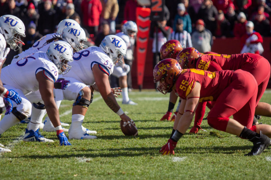 Iowa State squares up at the line of scrimmage against the University of Kansas on Nov. 23, 2019. Iowa State won 41-31.