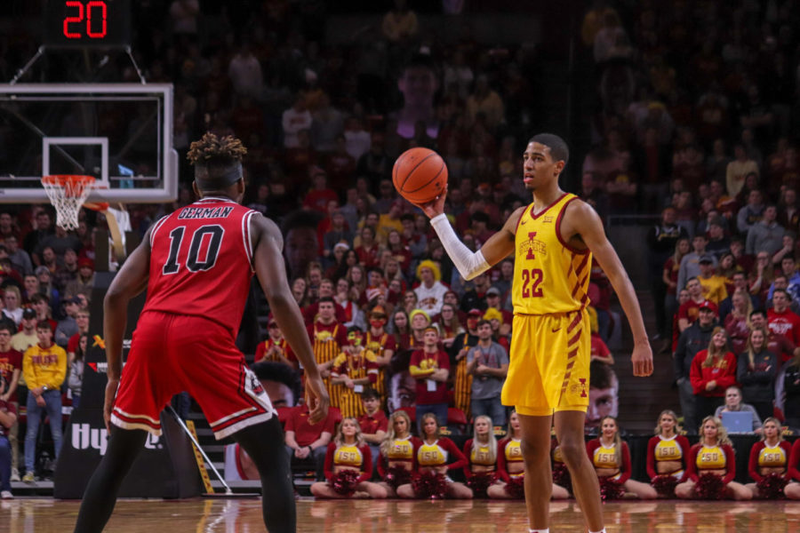 Then-sophomore guard Tyrese Haliburton looks to pass the ball during Iowa State’s 70-52 victory over Northern Illinois on Nov. 12, 2019, at Hilton Coliseum.