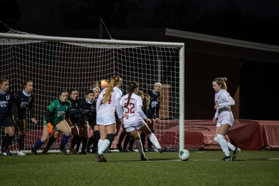 Sophomore Mira Emma passes the ball to Kenady Adams on an indirect free-kick for Iowa State in the first half against Kansas State. 