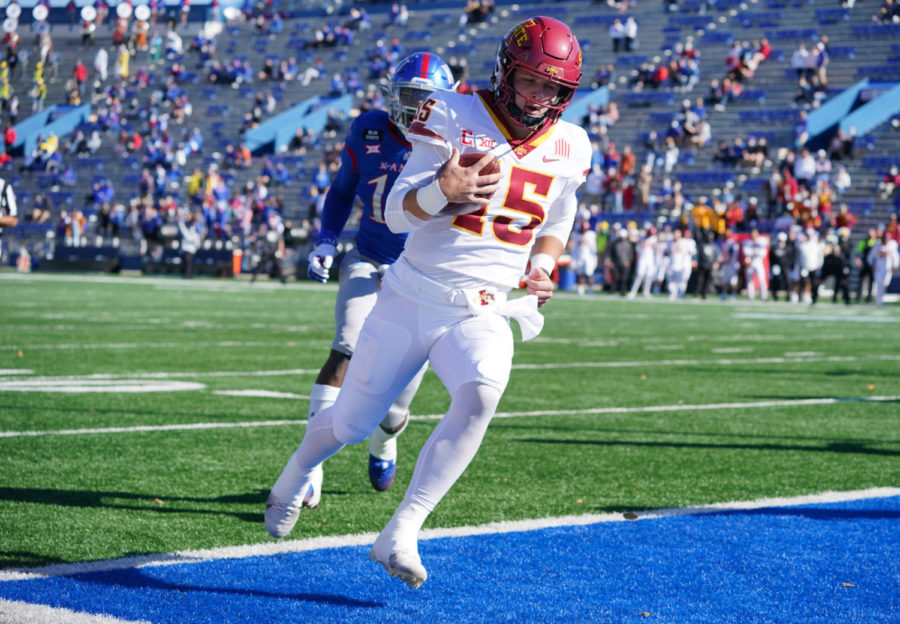 Iowa State quarterback Brock Purdy runs in for a touchdown against Kansas at David Booth Kansas Memorial Stadium on Oct 31. Photo Credit: (Denny Medley-USA TODAY Sports)
